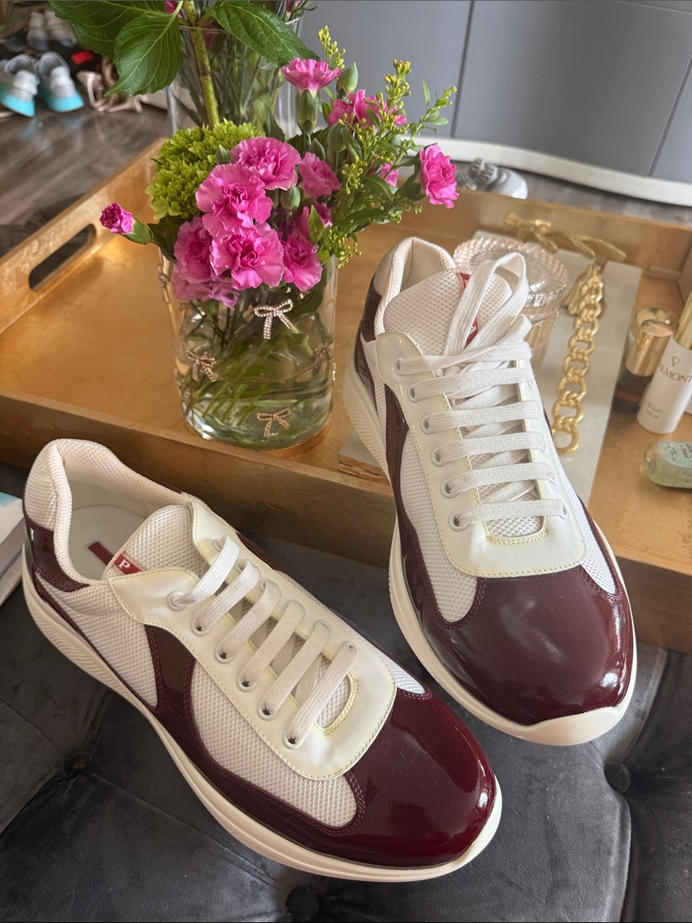 Prada Men’s  White and Burgundy Patent-Trim Sneakers